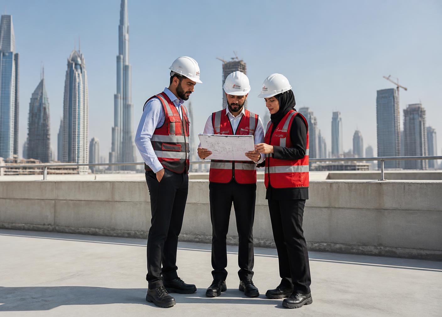 Construct & Coat site engineer reviewing drawings with applicators on site