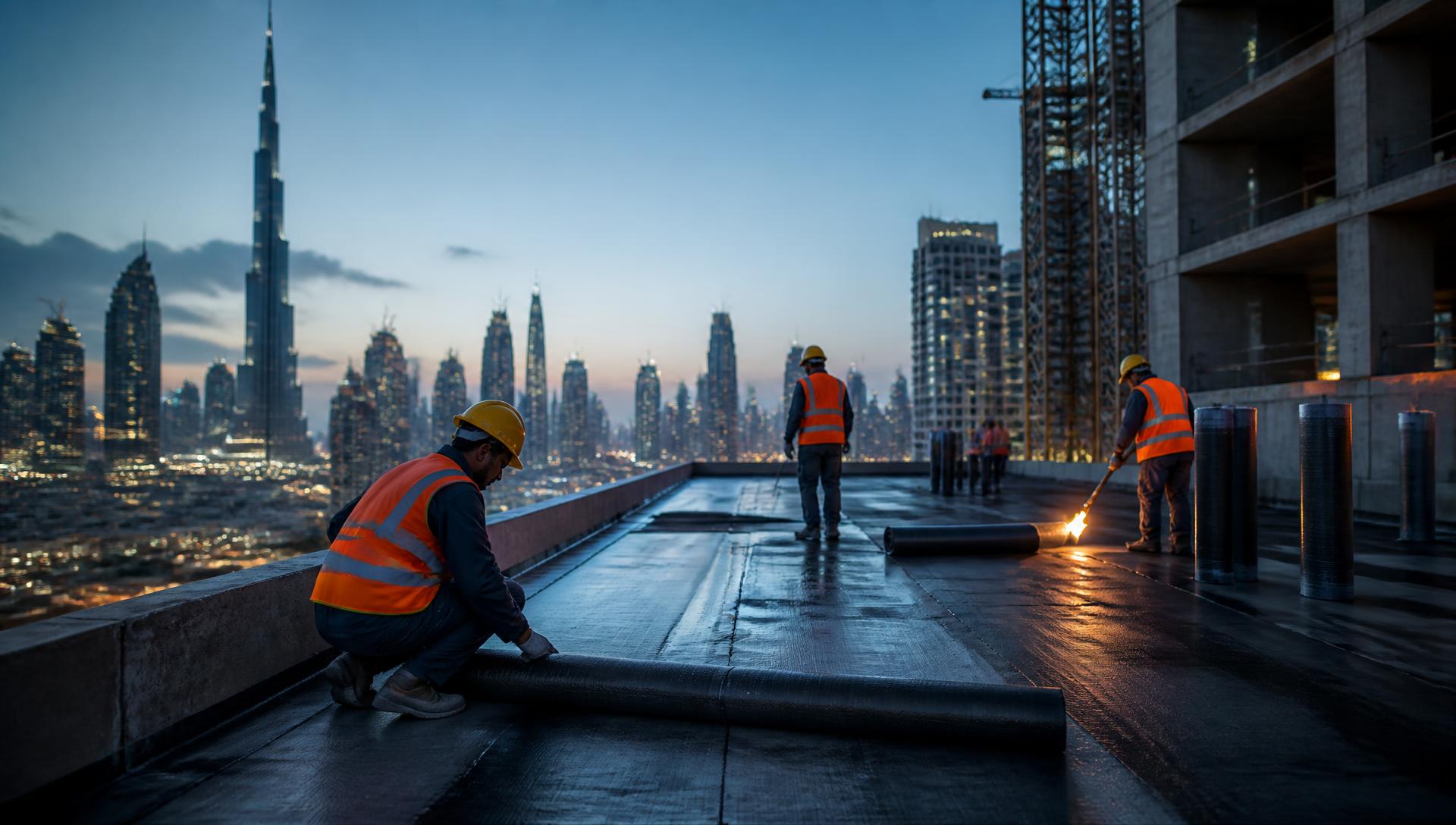 Applicators installing a waterproofing membrane on a Dubai rooftop